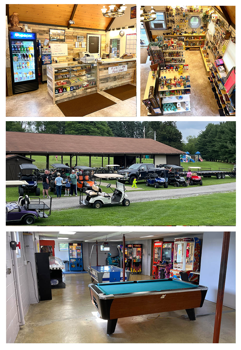 collage of store, restroom and campsite