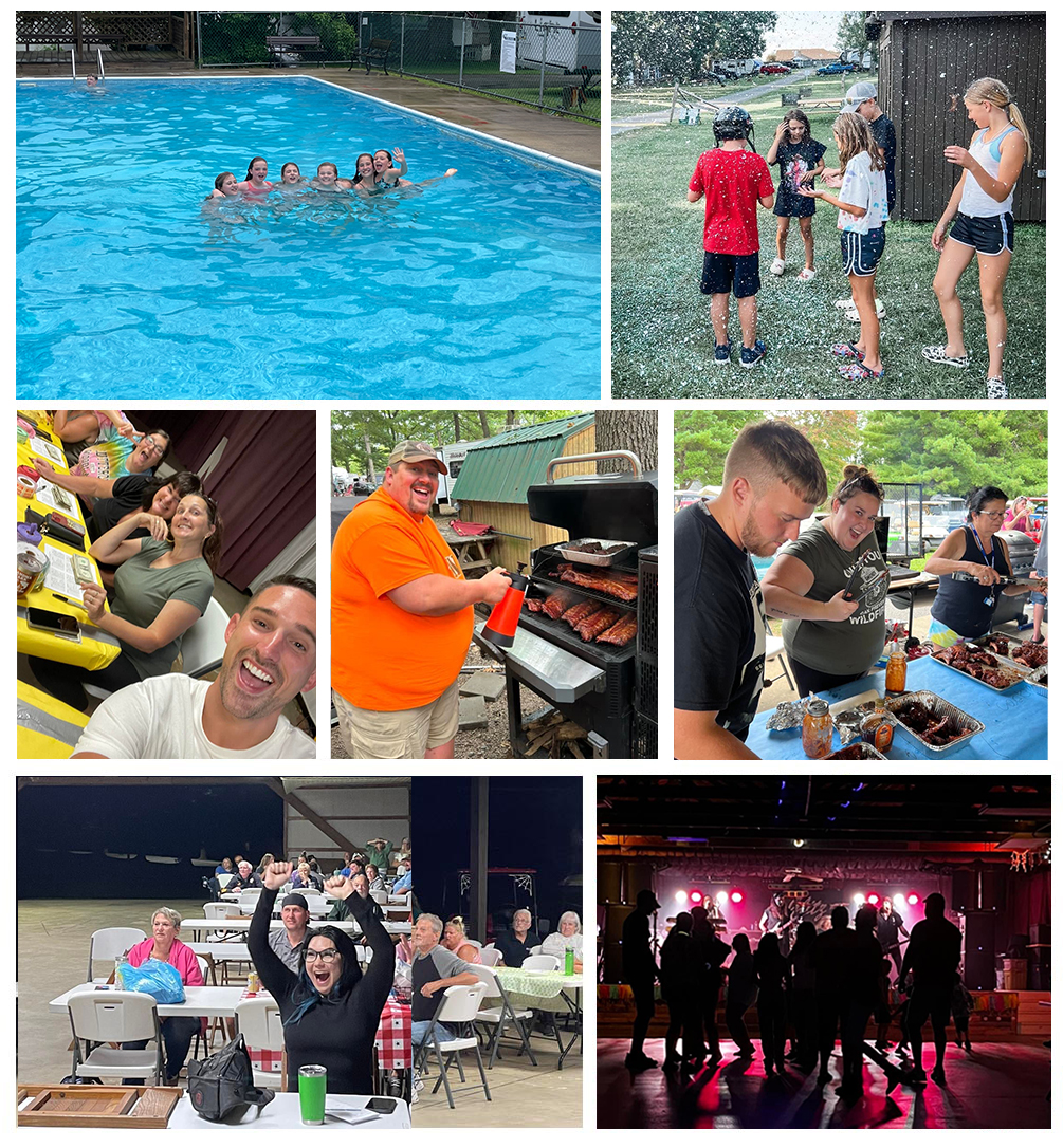 Collage photo of pool,cornhole, playground,field and campfire 